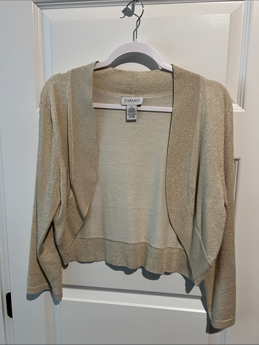 Carmen Marc Valvo Shimmering Champagne Open-Front Shrug